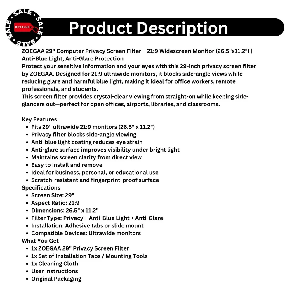 ZOEGAA 29-Inch Computer Privacy Filter – Anti-Blue Light, Glare, 21:9 26.5